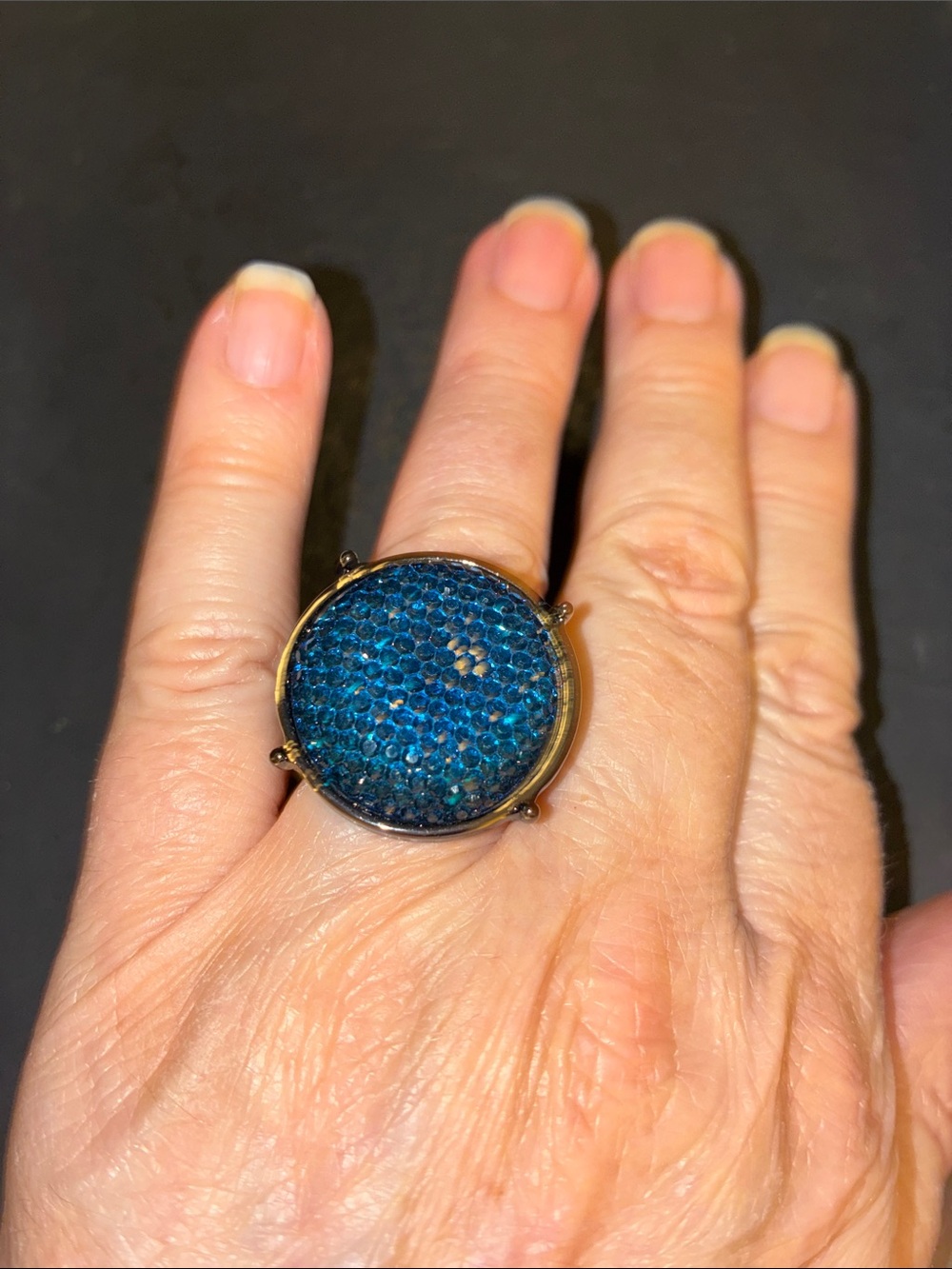 Blue Crystal Dome Cocktail Stretch Ring Gold-Tone